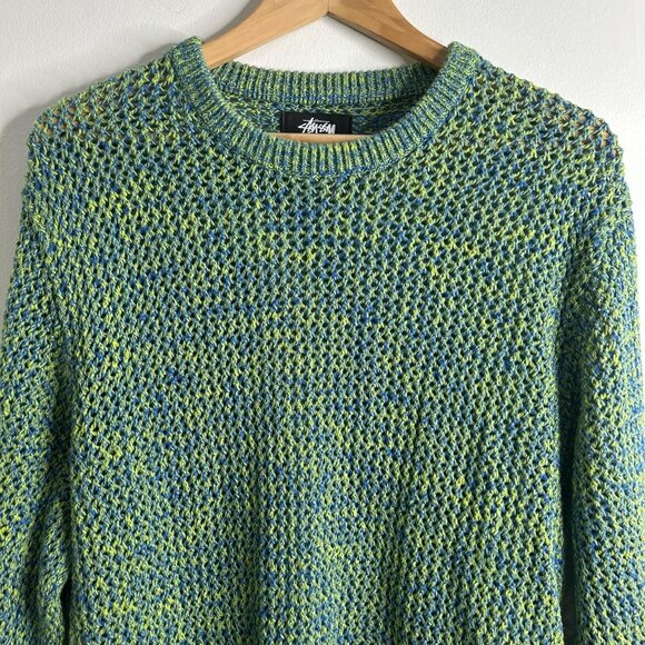 Stussy 2 Tone Loose Gauge Sweater Mens L Green Blue Marled Waffle Chunky Knit - Picture 2 of 10